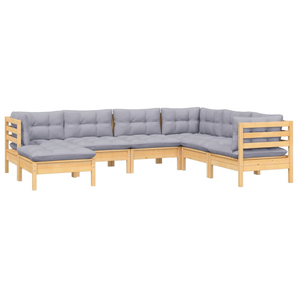 7-tlg. Garten-Lounge-Set mit Grauen Kissen Kiefer Massivholz
