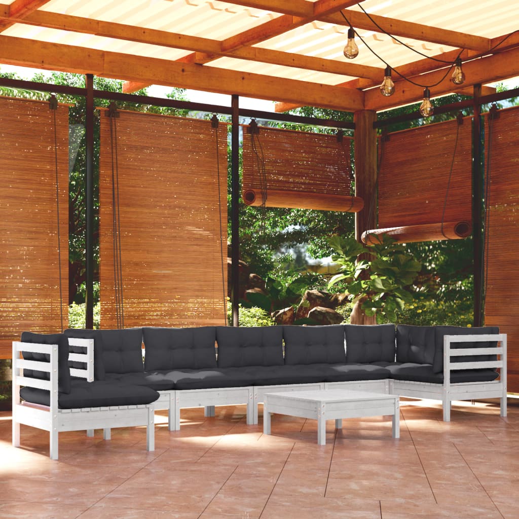 9-tlg. Garten-Lounge-Set mit Kissen Weiß Kiefer Massivholz