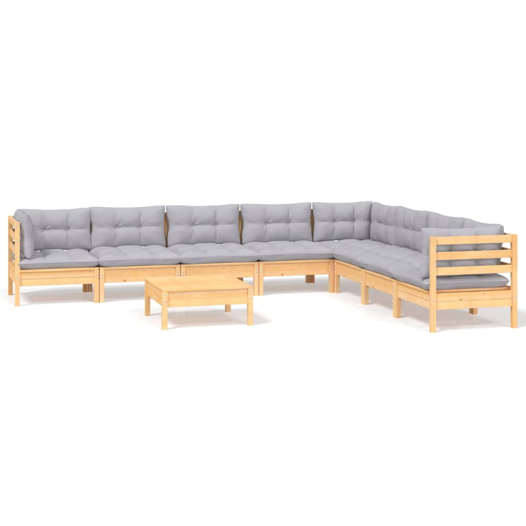 9-tlg. Garten-Lounge-Set mit Grauen Kissen Kiefer Massivholz