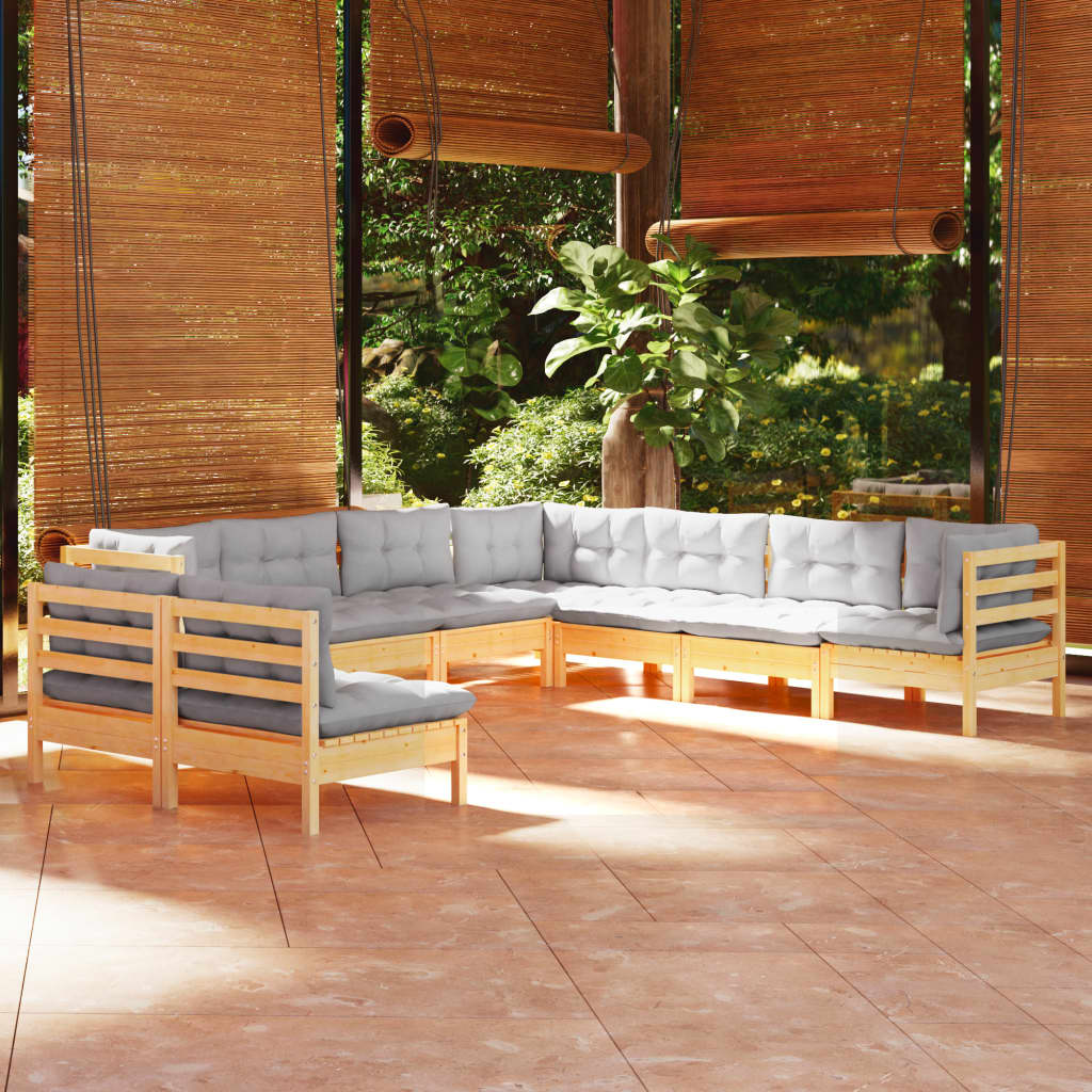 9-tlg. Garten-Lounge-Set mit Grauen Kissen Massivholz Kiefer