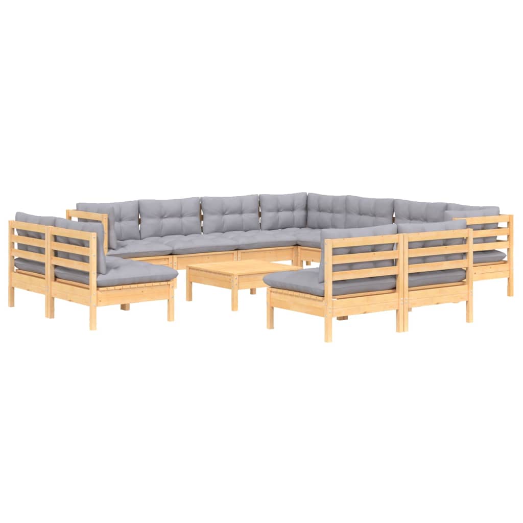 12-tlg. Garten-Lounge-Set mit Grauen Kissen Massivholz Kiefer