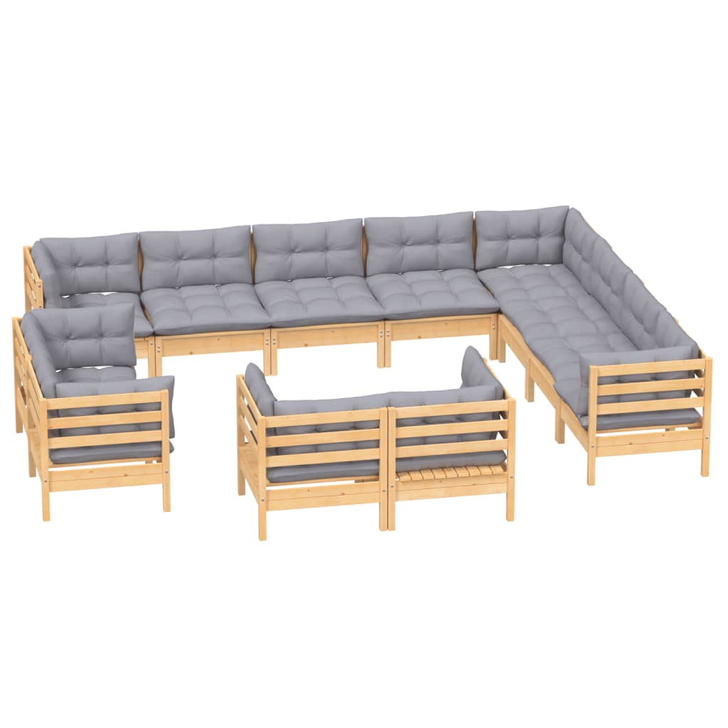 12-tlg. Garten-Lounge-Set mit Grauen Kissen Massivholz Kiefer