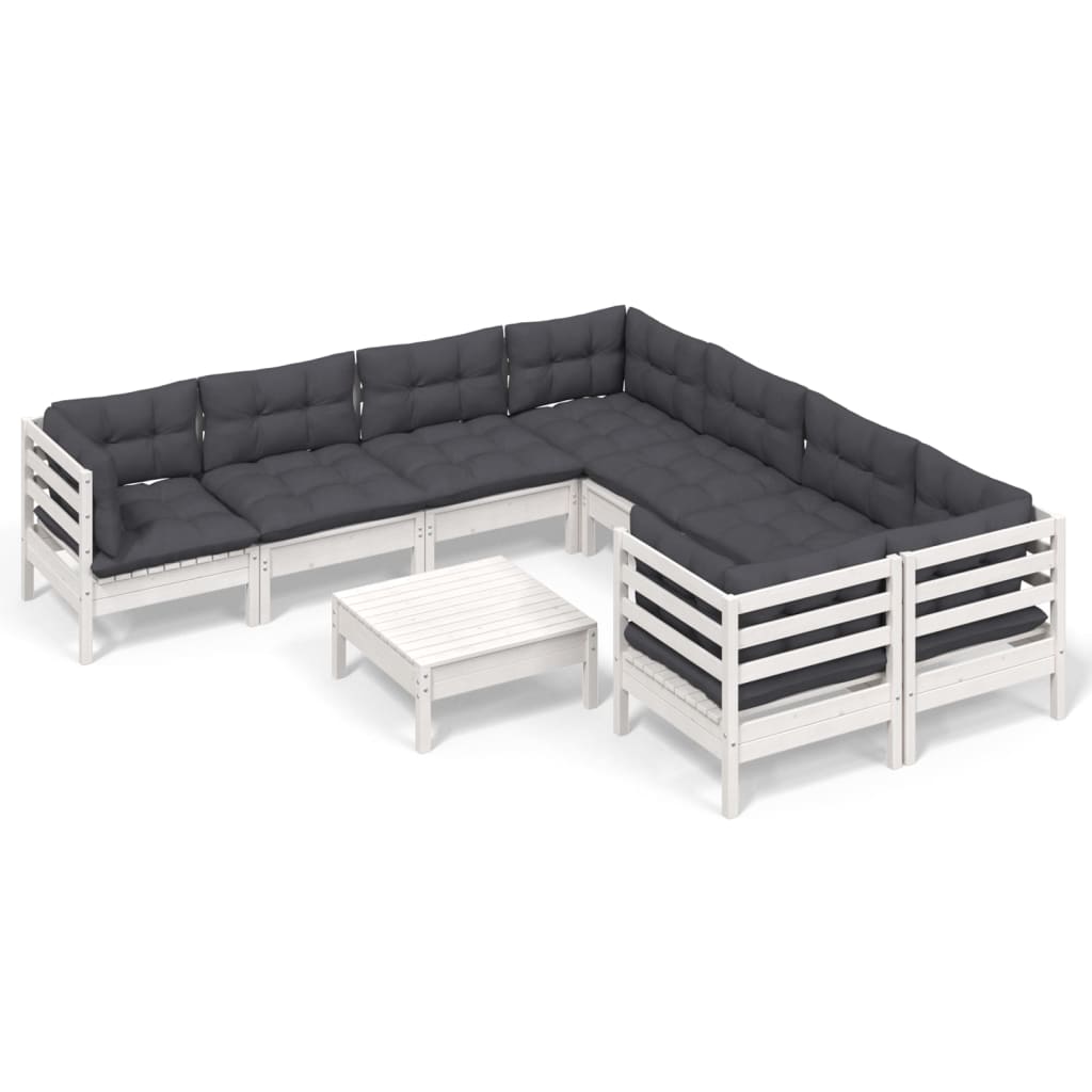 9-tlg. Garten-Lounge-Set mit Kissen Weiß Kiefernholz