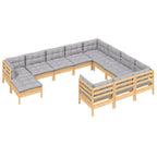 11-tlg. Garten-Lounge-Set mit Grauen Kissen Kiefernholz