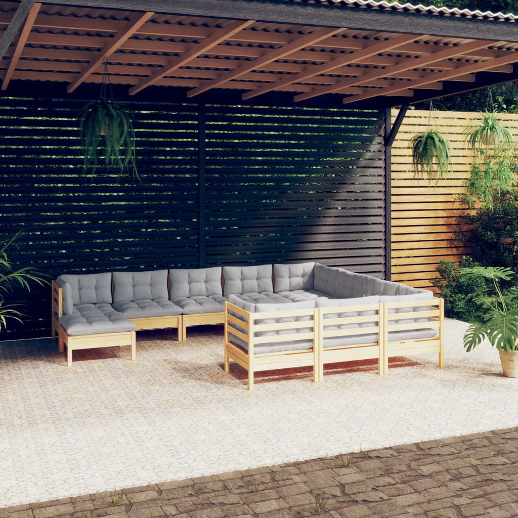 11-tlg. Garten-Lounge-Set mit Grauen Kissen Kiefernholz