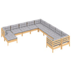 11-tlg. Garten-Lounge-Set mit Grauen Kissen Kiefernholz