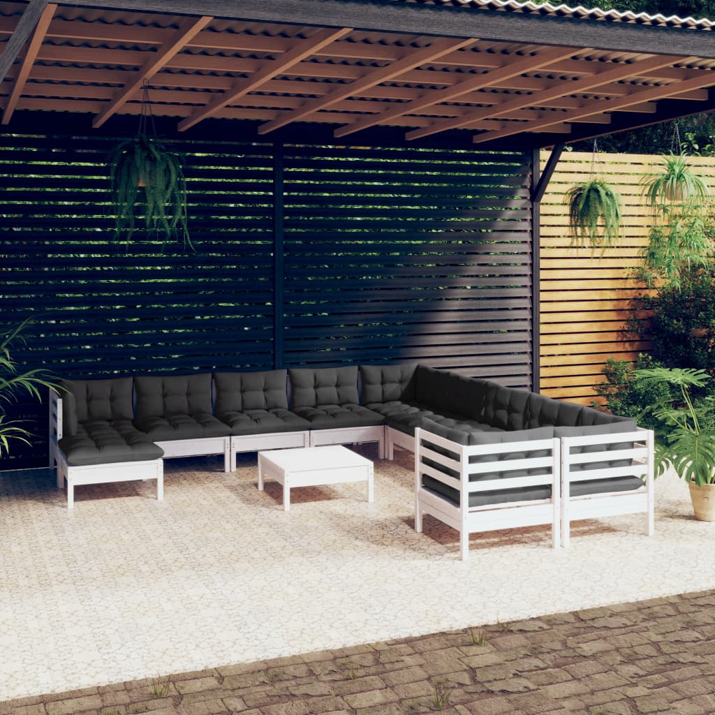 12-tlg. Garten-Lounge-Set mit Kissen Weiß Kiefernholz