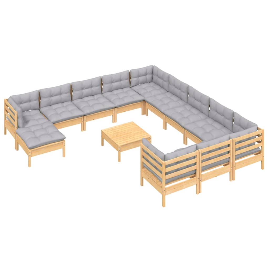 13-tlg. Garten-Lounge-Set mit Grauen Kissen Kiefernholz