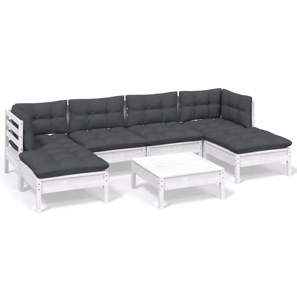 7-tlg. Garten-Lounge-Set mit Kissen Weiß Kiefernholz