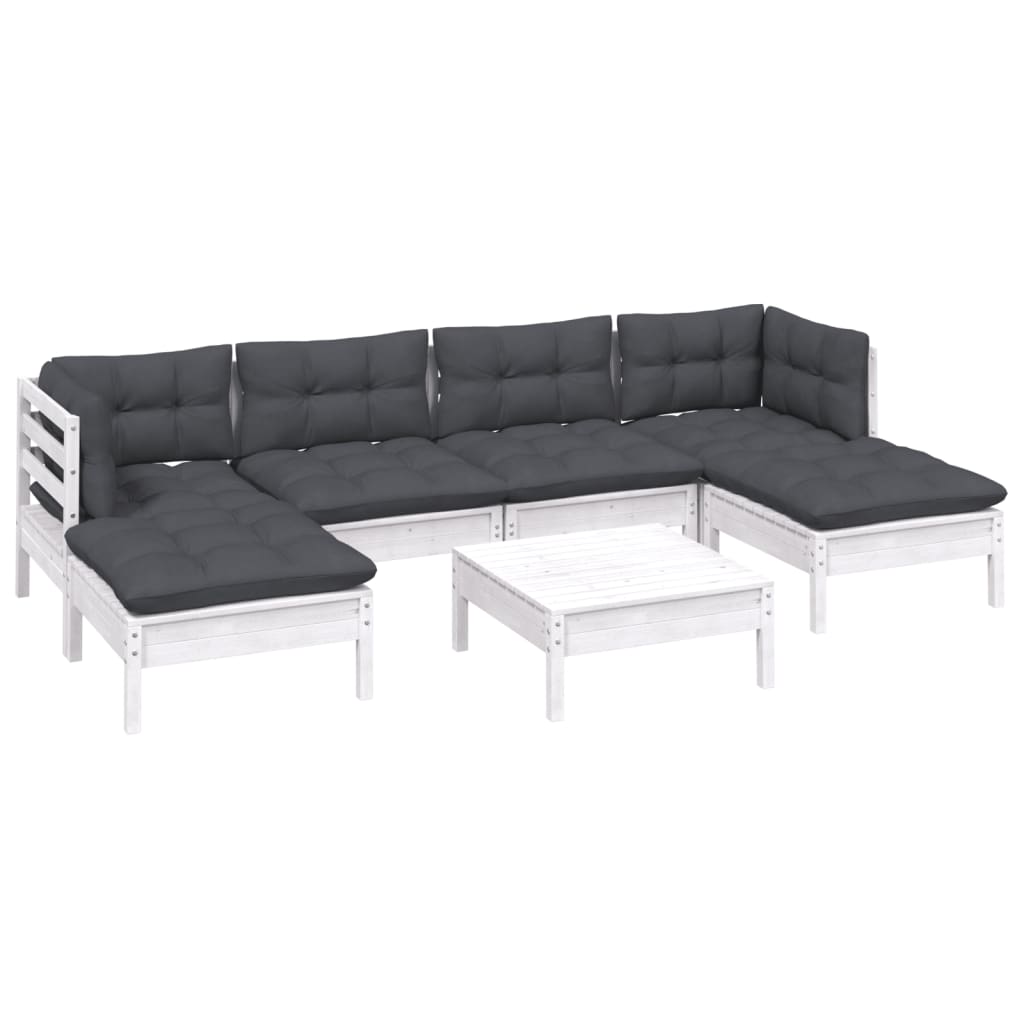 7-tlg. Garten-Lounge-Set mit Kissen Weiß Kiefernholz