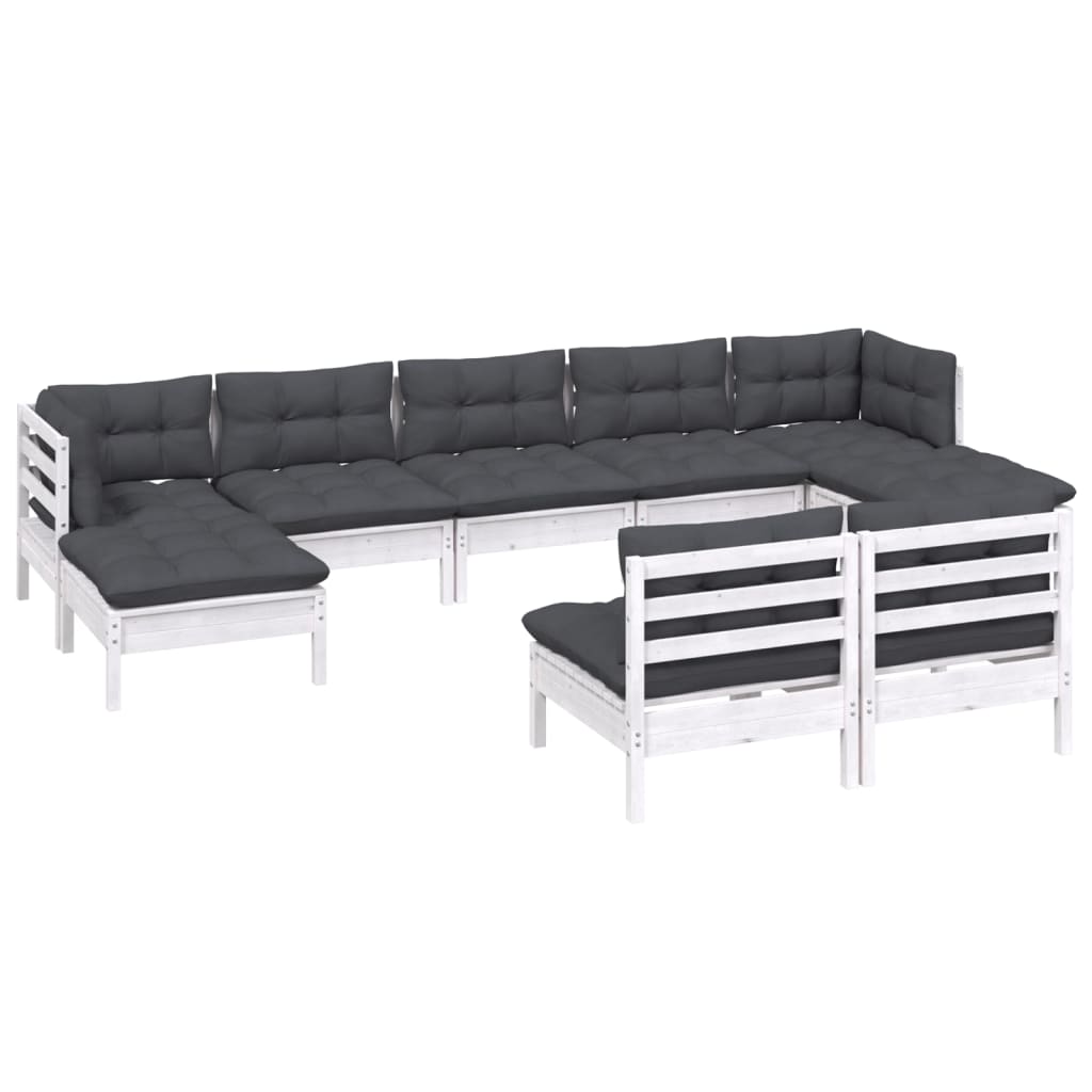 9-tlg. Garten-Lounge-Set mit Kissen Weiß Kiefernholz