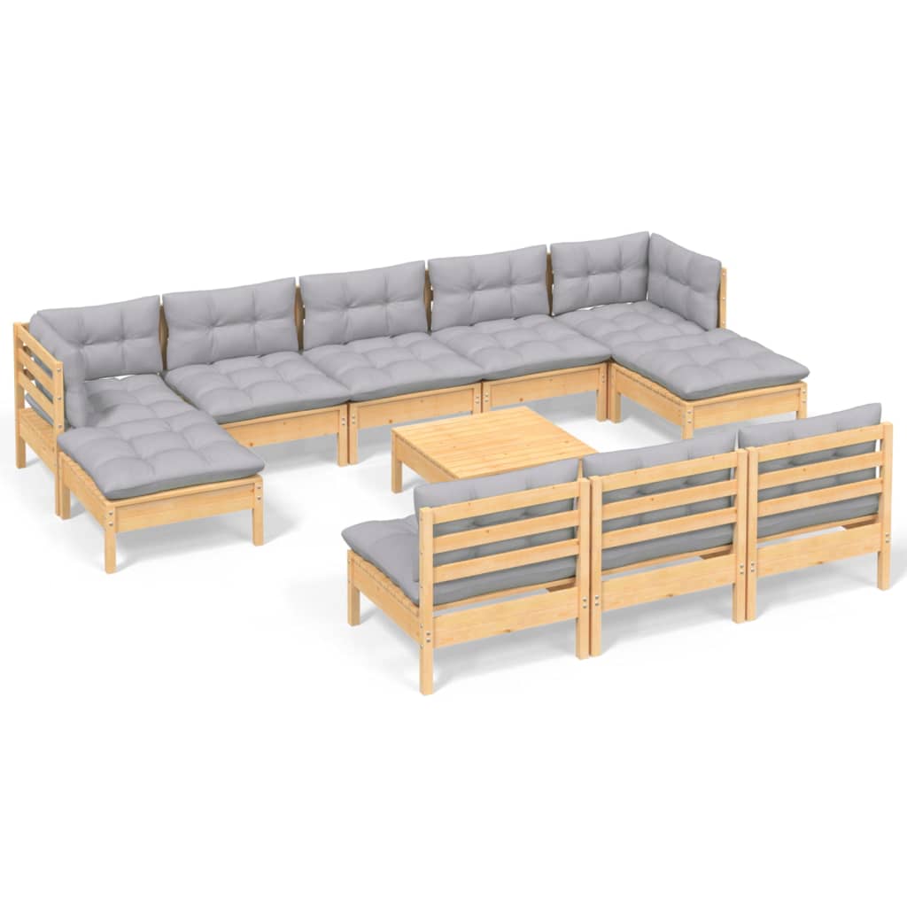 11-tlg. Garten-Lounge-Set mit Grauen Kissen Kiefernholz
