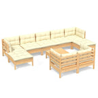 10-tlg. Garten-Lounge-Set mit Creme Kissen Massivholz Kiefer