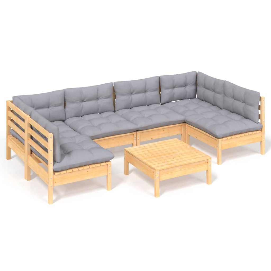 7-tlg. Garten-Lounge-Set mit Grauen Kissen Kiefer Massivholz