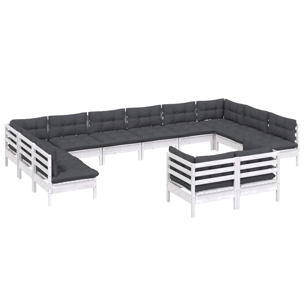 12-tlg. Garten-Lounge-Set mit Kissen Weiß Kiefer Massivholz