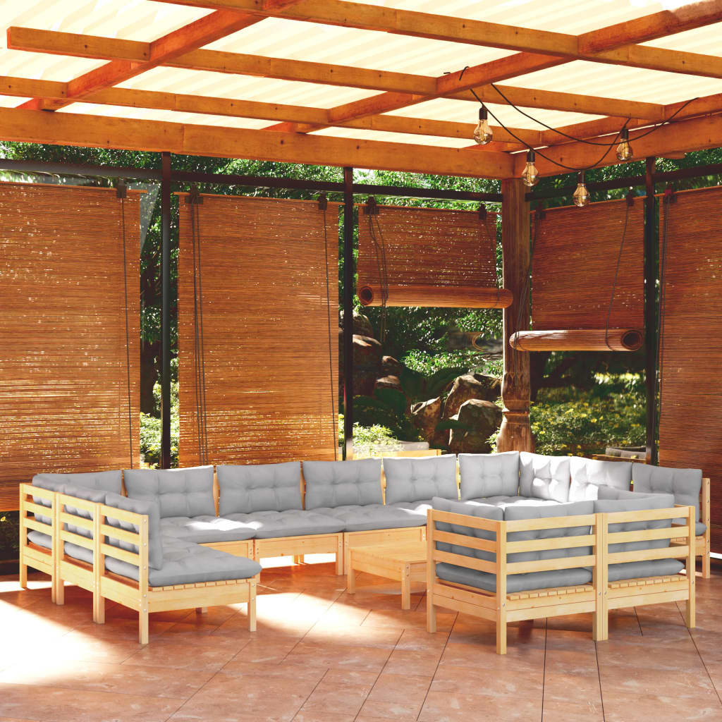 13-tlg. Garten-Lounge-Set mit Grauen Kissen Kiefernholz
