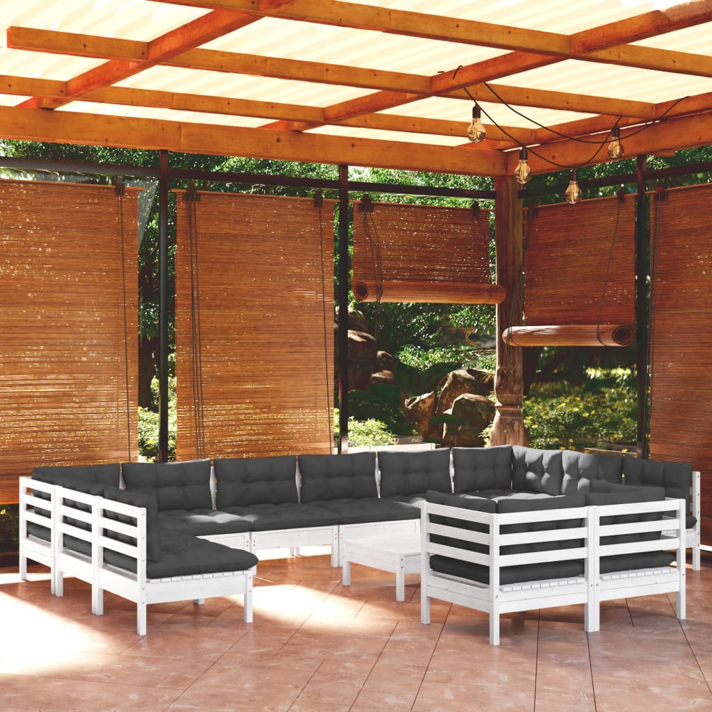 13-tlg. Garten-Lounge-Set mit Kissen Weiß Kiefernholz