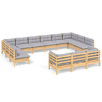 13-tlg. Garten-Lounge-Set mit Grauen Kissen Kiefernholz