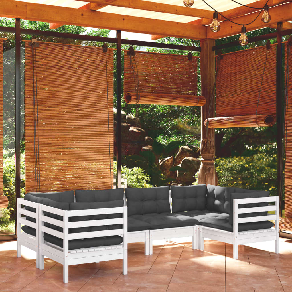 6-tlg. Garten-Lounge-Set mit Kissen Weiß Kiefernholz