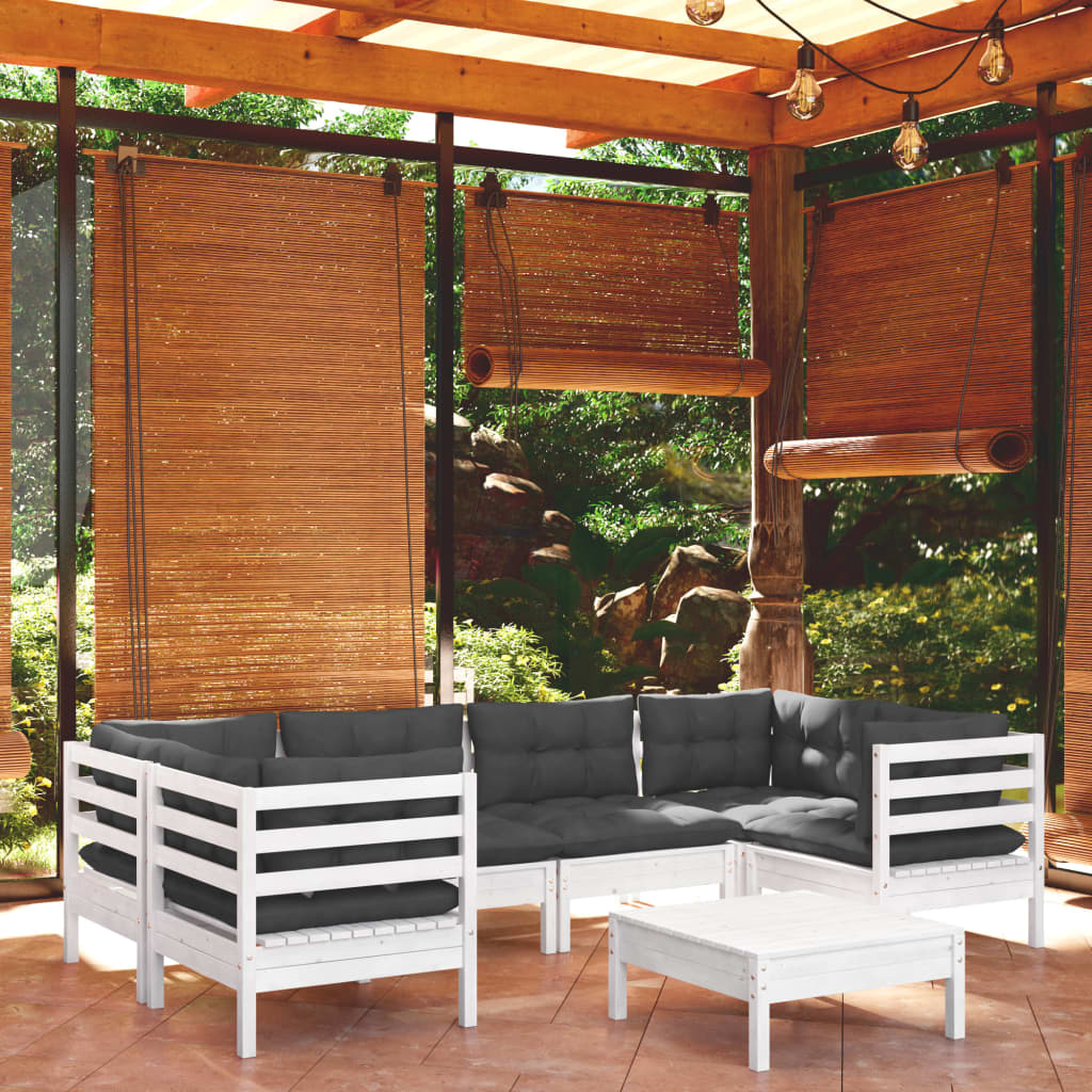 7-tlg. Garten-Lounge-Set mit Kissen Weiß Kiefernholz