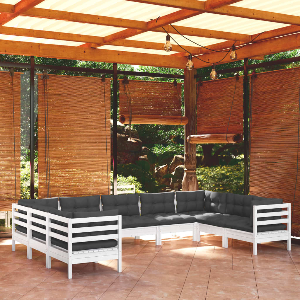 9-tlg. Garten-Lounge-Set mit Kissen Weiß Kiefernholz