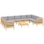 10-tlg. Garten-Lounge-Set mit Grauen Kissen Kiefernholz