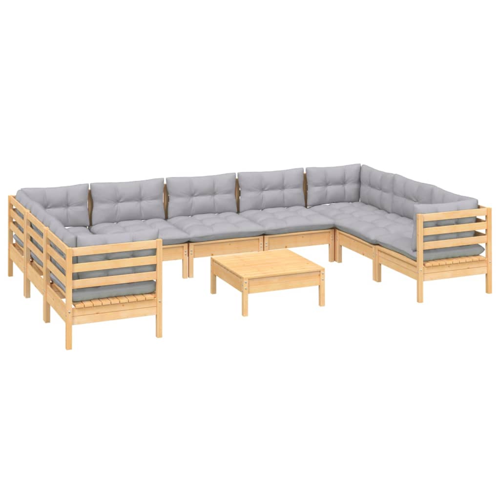 10-tlg. Garten-Lounge-Set mit Grauen Kissen Kiefernholz