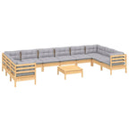 11-tlg. Garten-Lounge-Set mit Grauen Kissen Kiefernholz