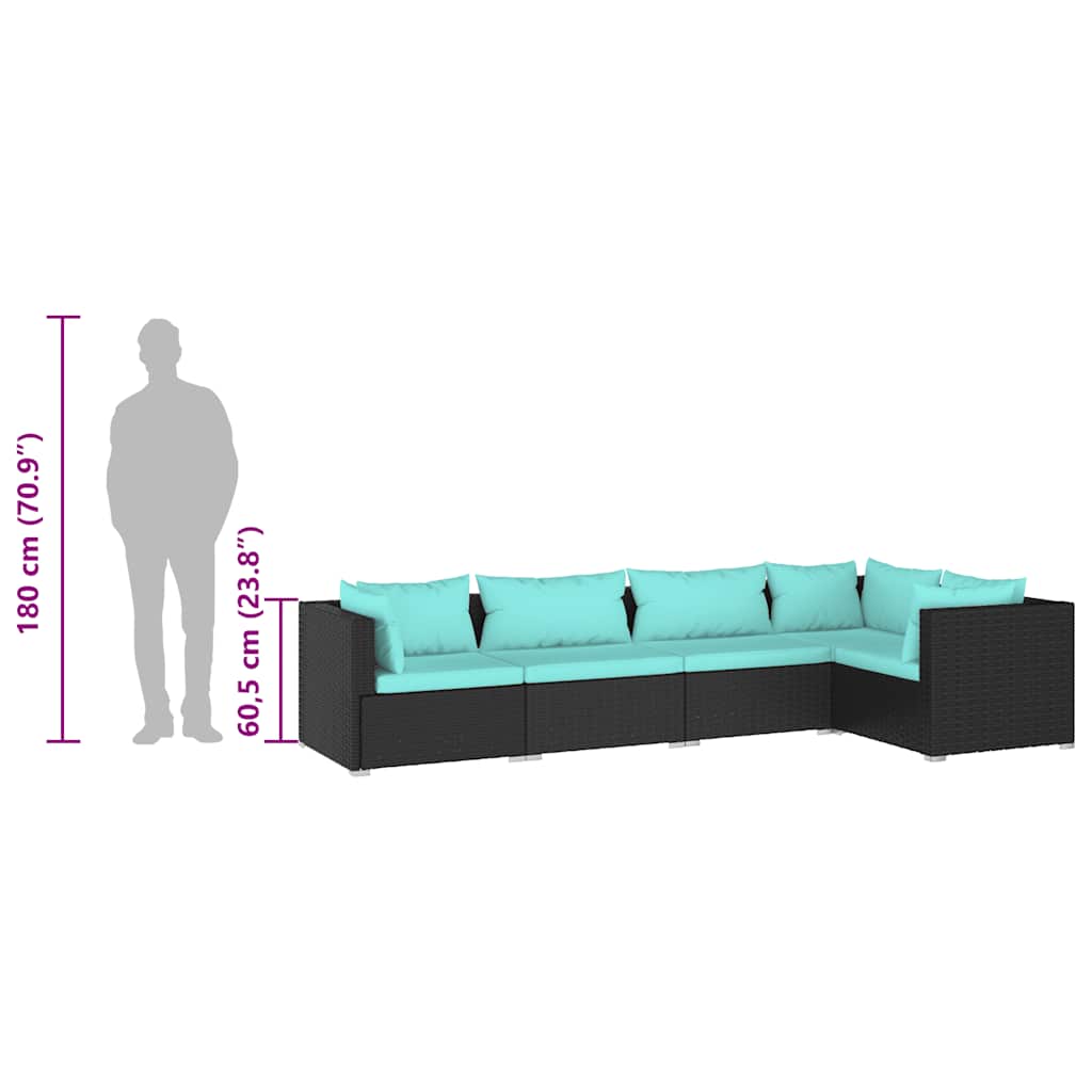 5-tlg. Garten-Lounge-Set mit Kissen Poly Rattan Schwarz