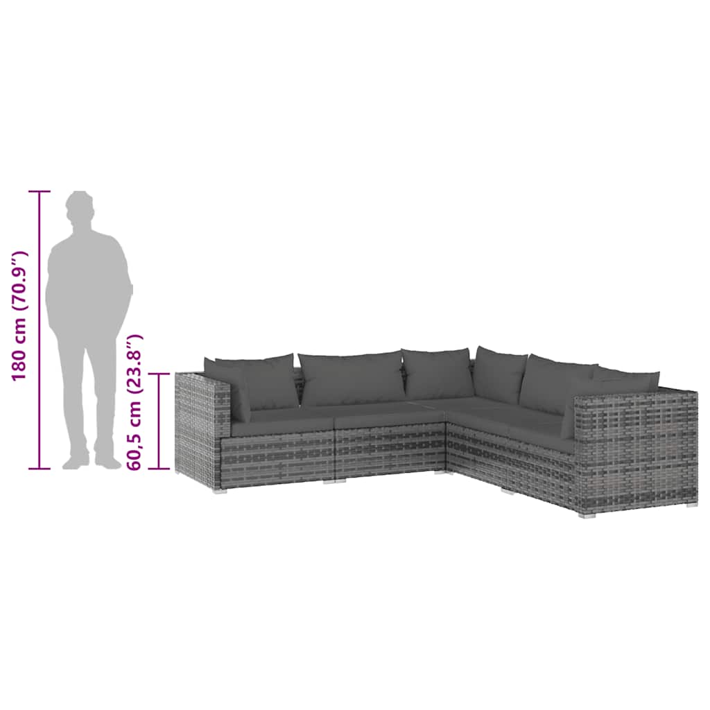 5-tlg. Garten-Lounge-Set mit Kissen Poly Rattan Grau