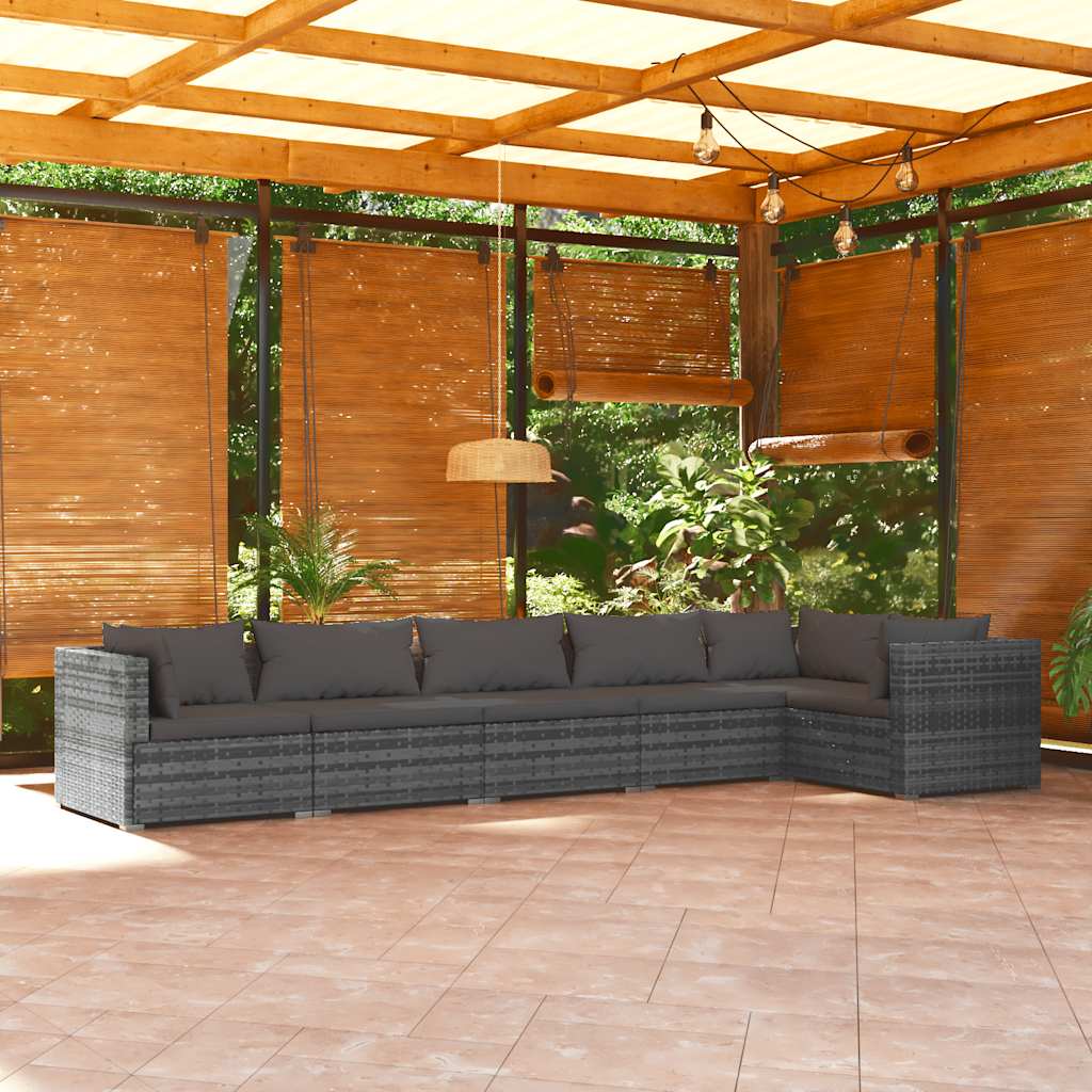 6-tlg. Garten-Lounge-Set mit Kissen Poly Rattan Grau