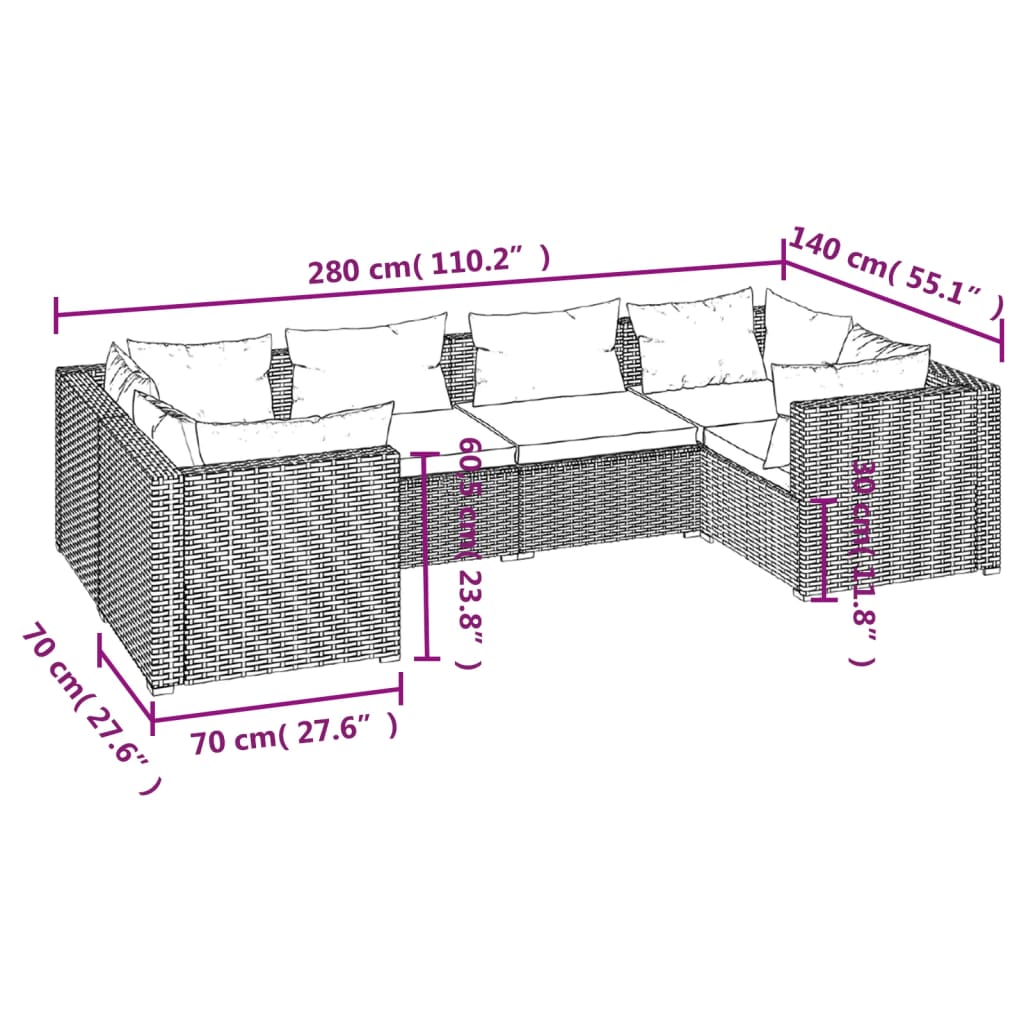 6-tlg. Garten-Lounge-Set mit Auflagen Poly Rattan Braun