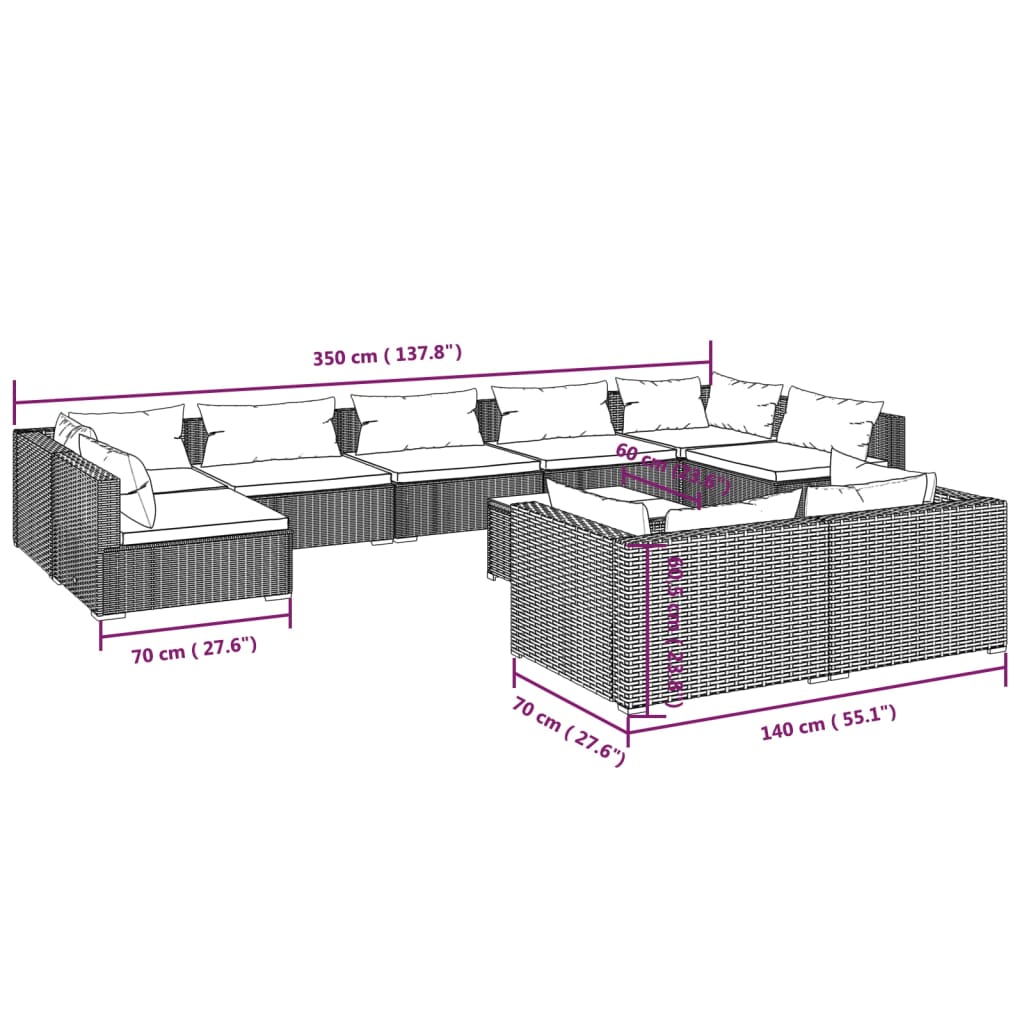 10-tlg. Garten-Lounge-Set mit Kissen Schwarz Poly Rattan
