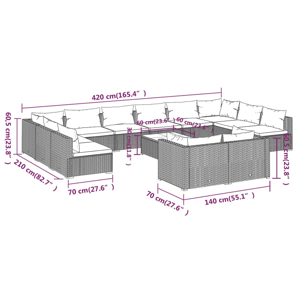 13-tlg. Garten-Lounge-Set mit Kissen Braun Poly Rattan