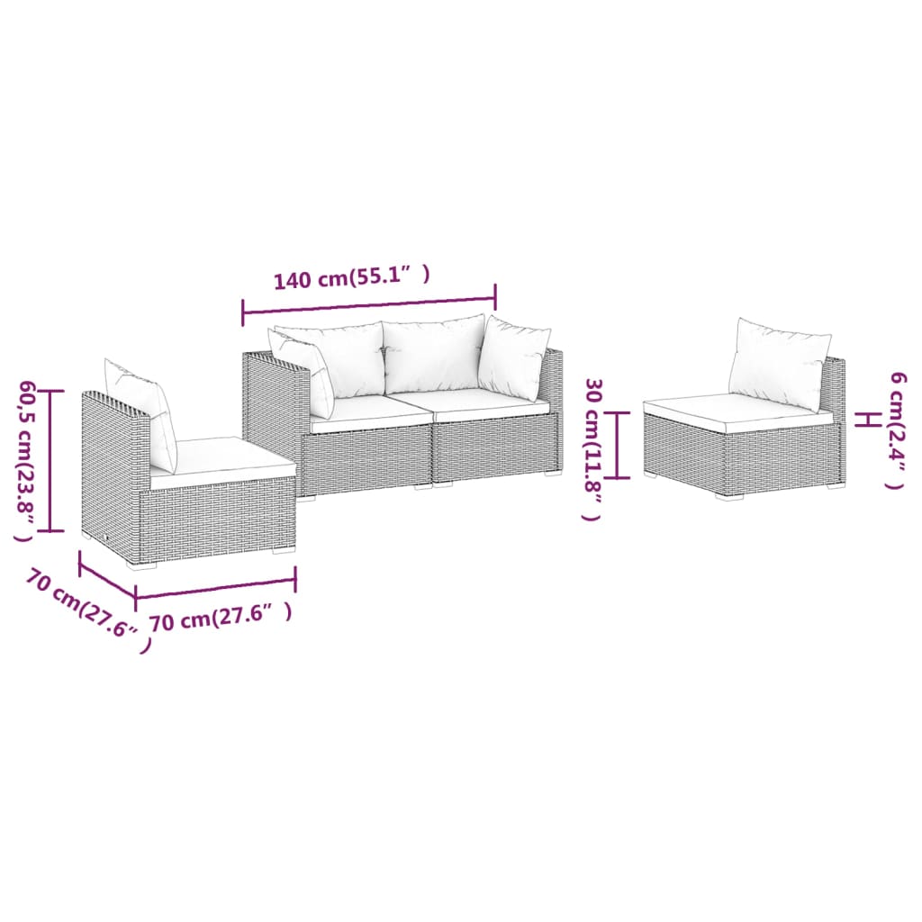 4-tlg. Garten-Lounge-Set mit Kissen Poly Rattan Schwarz