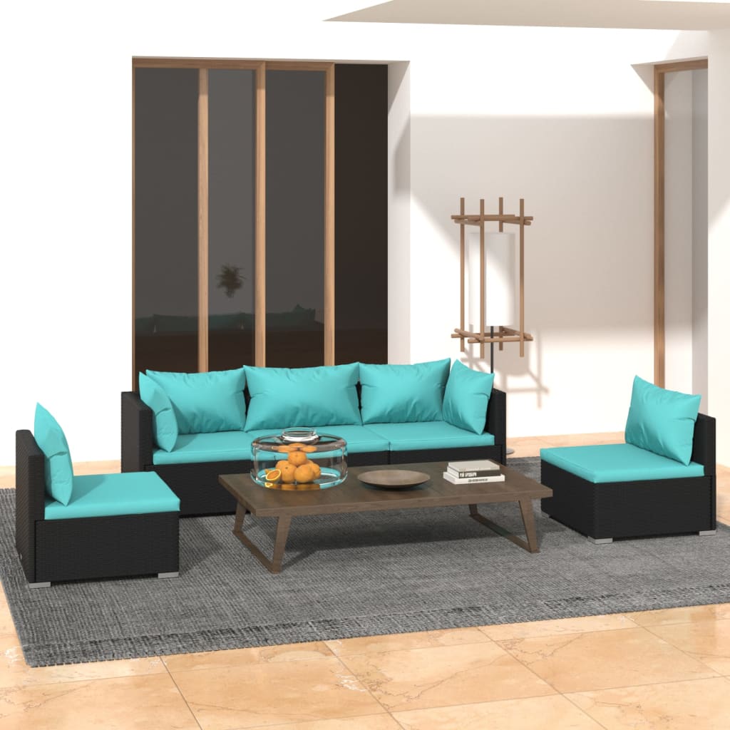5-tlg. Garten-Lounge-Set mit Kissen Poly Rattan Schwarz