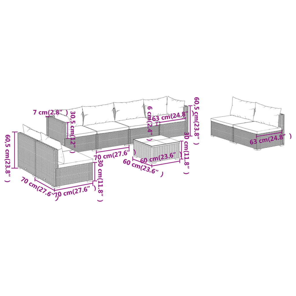 9-tlg. Garten-Lounge-Set mit Kissen Poly Rattan Schwarz