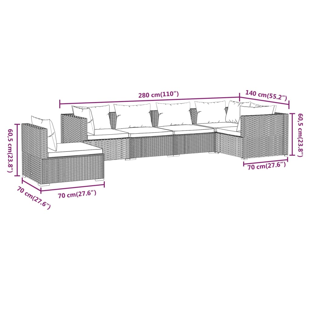 6-tlg. Garten-Lounge-Set mit Kissen Poly Rattan Schwarz