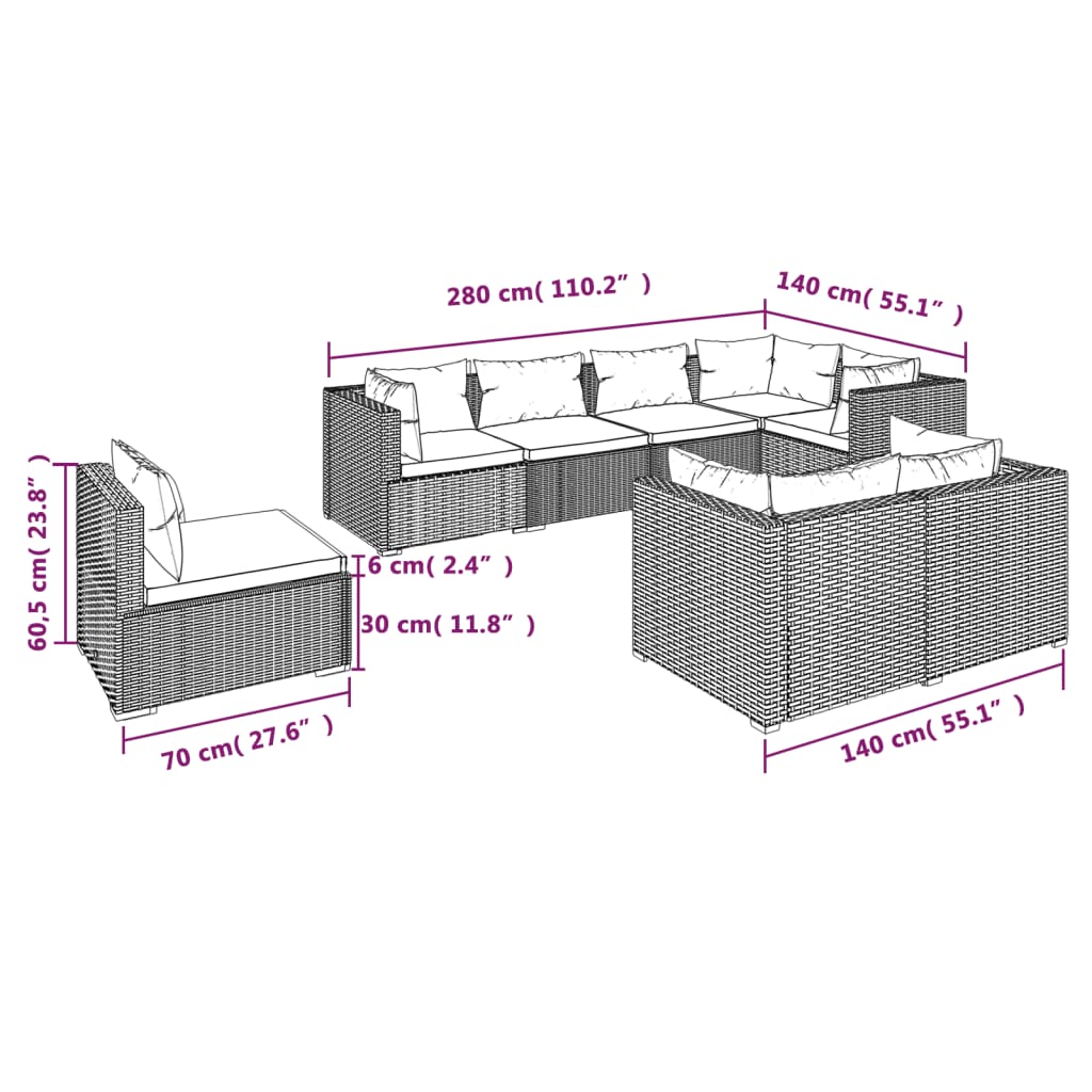 8-tlg. Garten-Lounge-Set mit Kissen Poly Rattan Schwarz