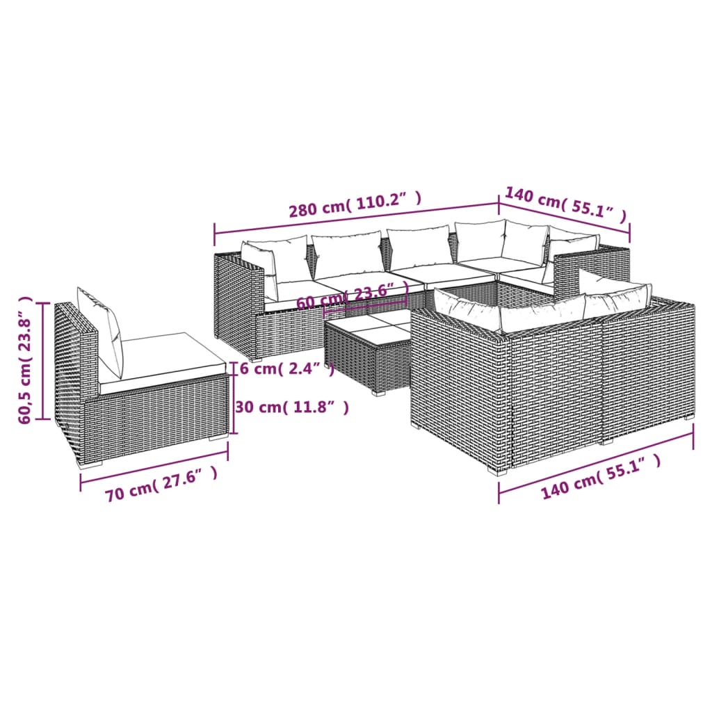 9-tlg. Garten-Lounge-Set mit Kissen Poly Rattan Schwarz