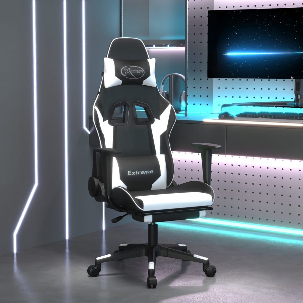 Gaming-Stuhl mit Massage & Fußstütze Schwarz & Weiß Kunstleder