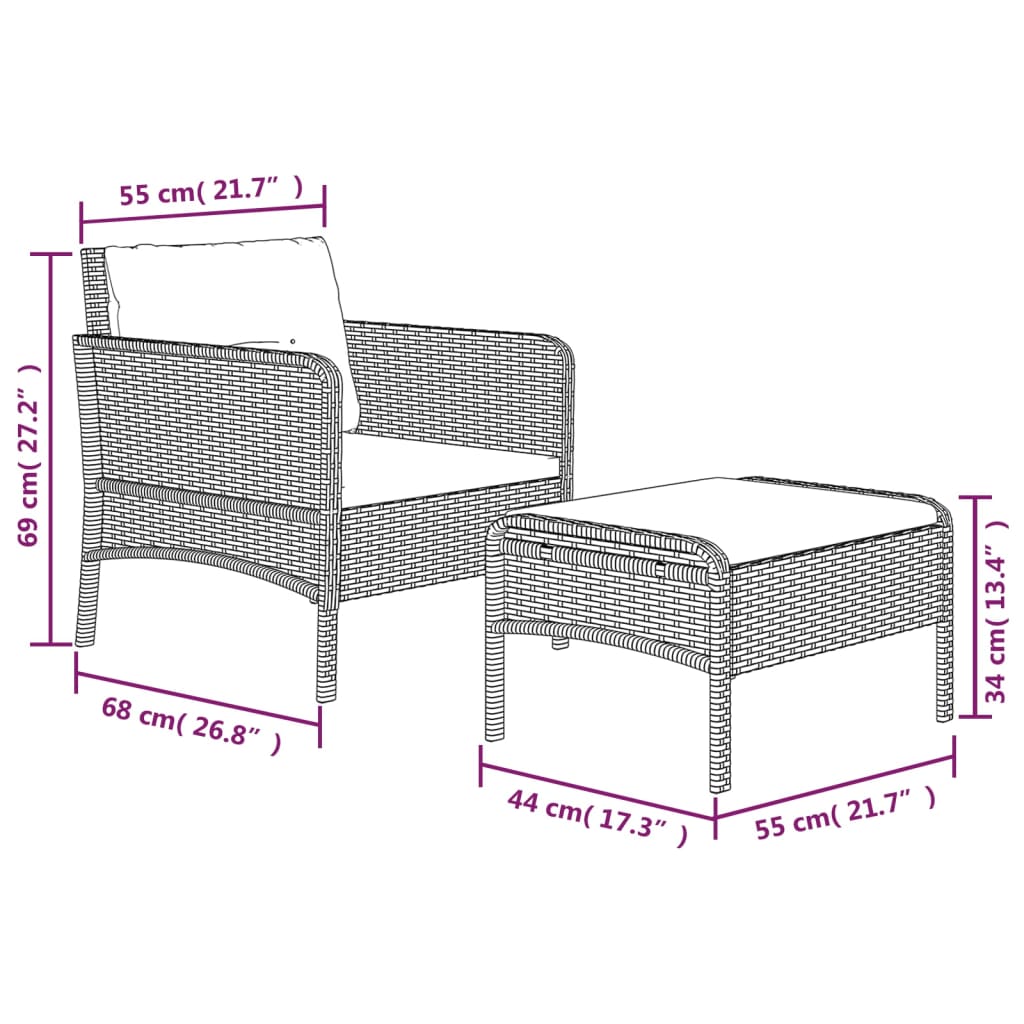 2-tlg. Garten-Lounge-Set mit Kissen Schwarz Poly Rattan