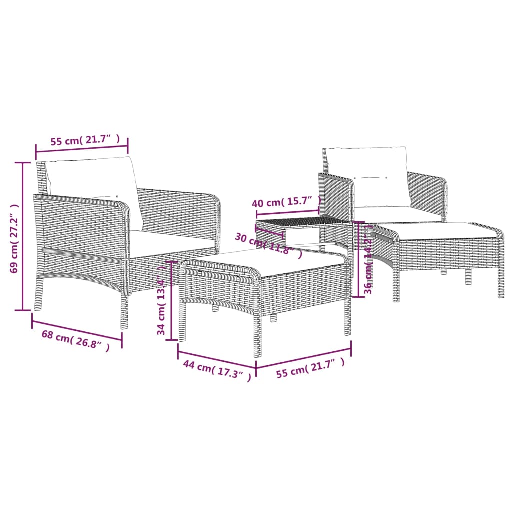 5-tlg. Garten-Lounge-Set mit Kissen Grau Poly Rattan