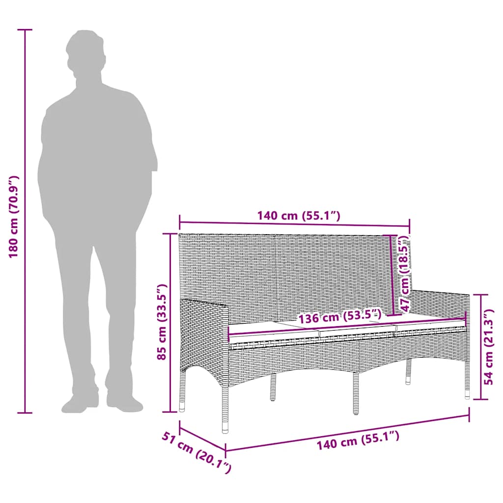 Gartenbank 3-Sitzer mit Kissen Braun Poly Rattan