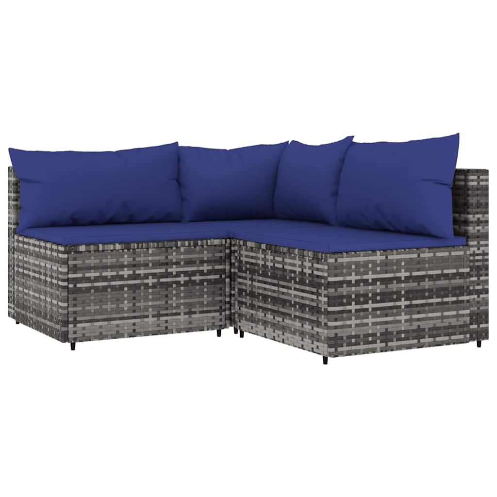3-tlg. Garten-Lounge-Set mit Kissen Grau Poly Rattan
