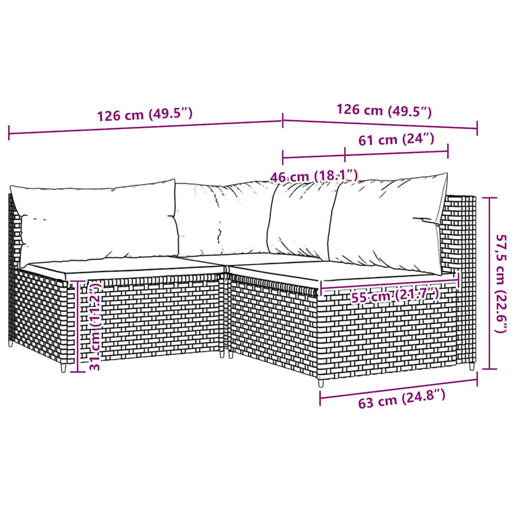 3-tlg. Garten-Lounge-Set mit Kissen Grau Poly Rattan
