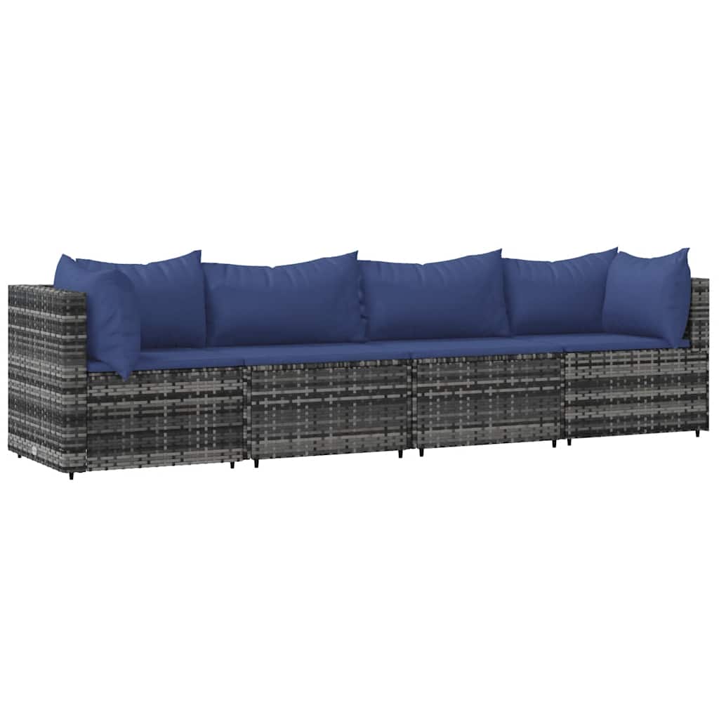 4-tlg. Garten-Lounge-Set mit Kissen Grau Poly Rattan