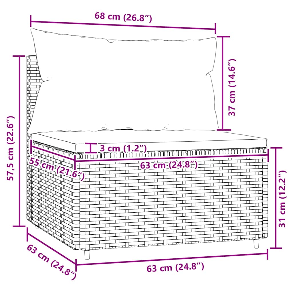 Garten-Mittelsofa mit Kissen Grau Poly Rattan