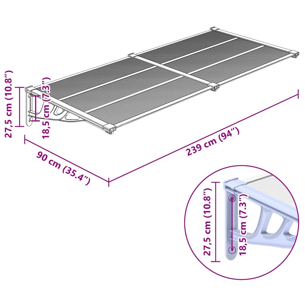 Türvordach Grau und Transparent 239x90 cm Polycarbonat