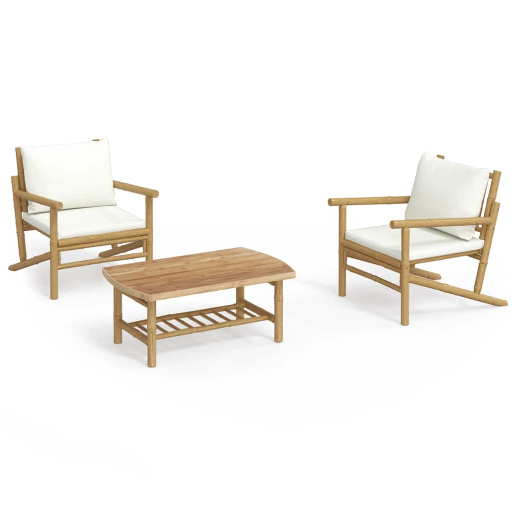 3-tlg. Garten-Lounge-Set mit Kissen Creme Bambus